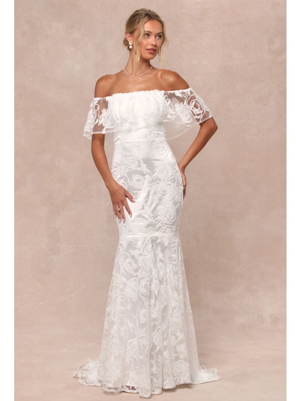Lulus Womens Medium White Floral Lace Strapless Mermaid Long Dress Lined Zip